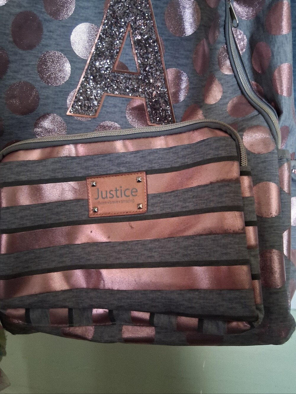 Justice Gray and Rose Gold Striped Backpack with Glitter Patch